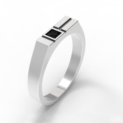 Minimalist men's signet ring crafted from sterling silver, featuring a rectangular design set with a bold black zirconia stone. This modern pinky ring is perfect as a personalized or initial ring for men, combining contemporary style with timeless elegance. Ideal gift for him, this custom ring works as a geometric signet ring, available in silver or gold finish. Clean lines and handcrafted detail make it suitable for everyday wear.