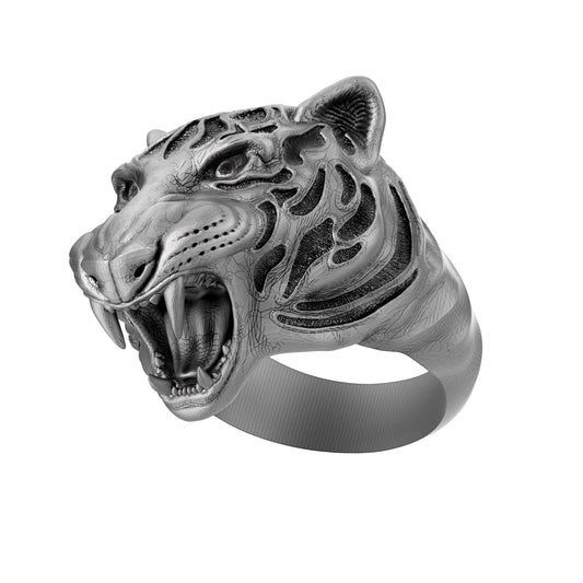 Sterling silver tiger ring with blackened details, handmade gothic biker jewelry for men. This bold 925 silver statement ring features a roaring wild cat head with oxidized textures and polished accents. Perfect as a mens ring, biker ring, or animal ring, it highlights individuality, strength, and fearless style. Crafted from solid silver with a unique oxidized silver patina, durable and stylish for daily wear or special occasions.
