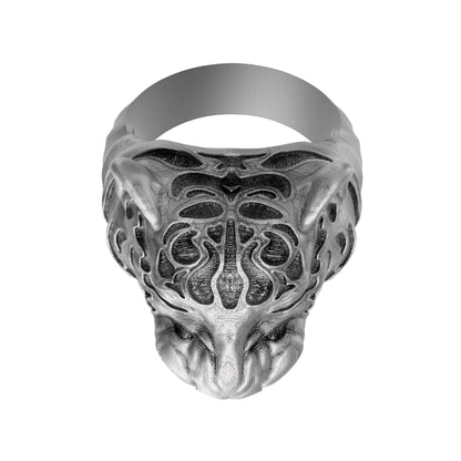 Sterling silver tiger ring with blackened details, handmade gothic biker jewelry for men. This bold 925 silver statement ring features a roaring wild cat head with oxidized textures and polished accents. Perfect as a mens ring, biker ring, or animal ring, it highlights individuality, strength, and fearless style. Crafted from solid silver with a unique oxidized silver patina, durable and stylish for daily wear or special occasions.