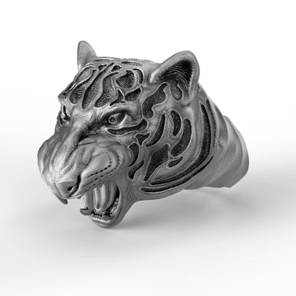 Sterling silver tiger ring with blackened details, handmade gothic biker jewelry for men. This bold 925 silver statement ring features a roaring wild cat head with oxidized textures and polished accents. Perfect as a mens ring, biker ring, or animal ring, it highlights individuality, strength, and fearless style. Crafted from solid silver with a unique oxidized silver patina, durable and stylish for daily wear or special occasions.