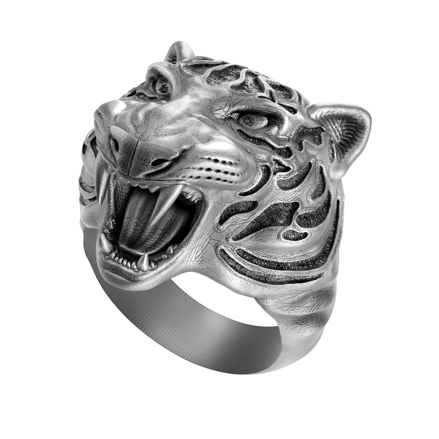 Sterling silver tiger ring with blackened details, handmade gothic biker jewelry for men. This bold 925 silver statement ring features a roaring wild cat head with oxidized textures and polished accents. Perfect as a mens ring, biker ring, or animal ring, it highlights individuality, strength, and fearless style. Crafted from solid silver with a unique oxidized silver patina, durable and stylish for daily wear or special occasions.