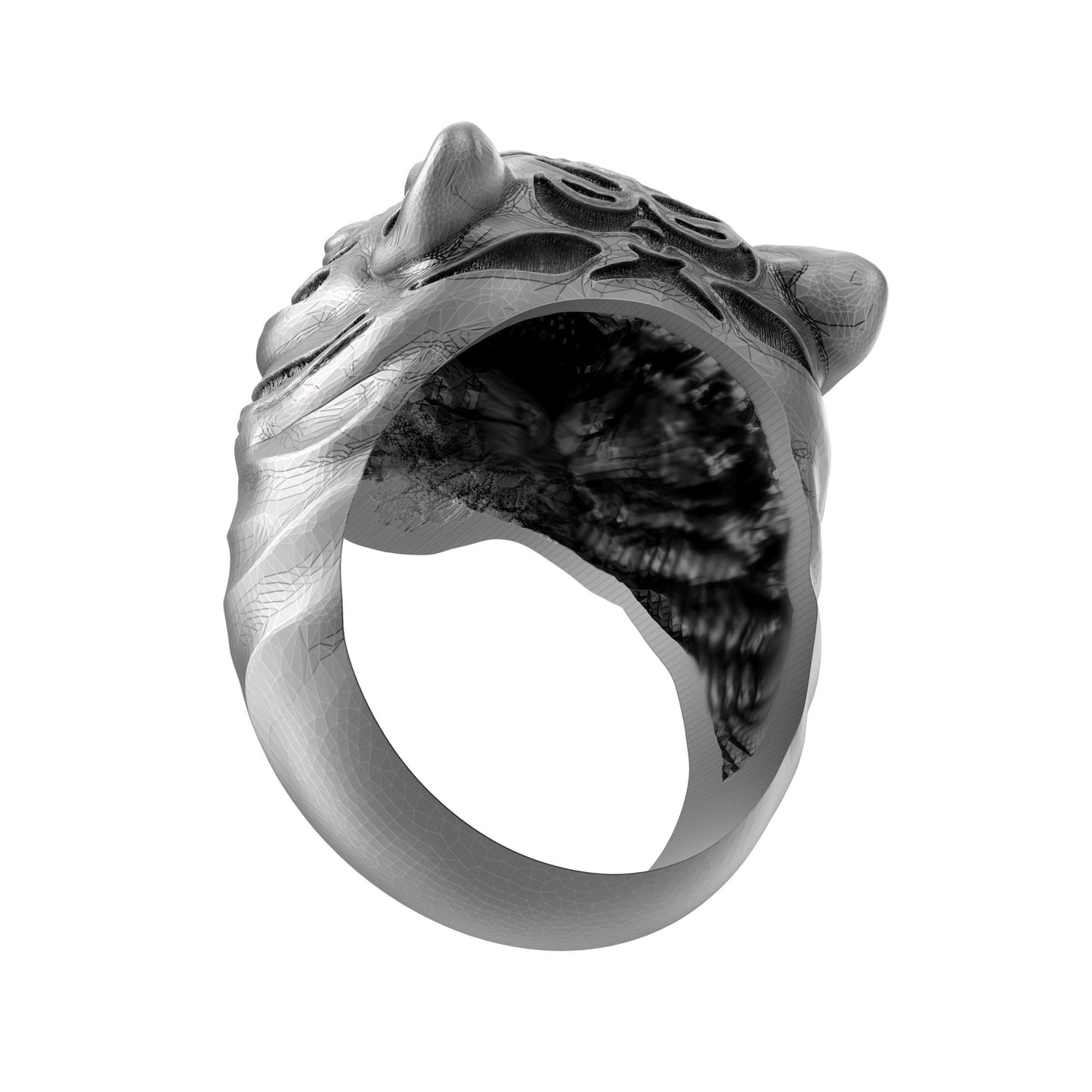 Sterling silver tiger ring with blackened details, handmade gothic biker jewelry for men. This bold 925 silver statement ring features a roaring wild cat head with oxidized textures and polished accents. Perfect as a mens ring, biker ring, or animal ring, it highlights individuality, strength, and fearless style. Crafted from solid silver with a unique oxidized silver patina, durable and stylish for daily wear or special occasions.
