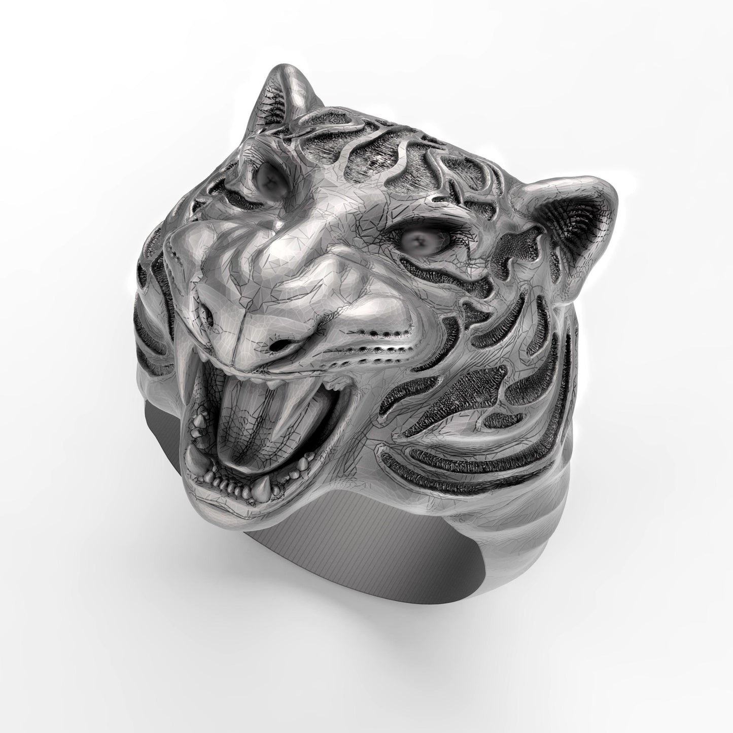 Sterling silver tiger ring with blackened details, handmade gothic biker jewelry for men. This bold 925 silver statement ring features a roaring wild cat head with oxidized textures and polished accents. Perfect as a mens ring, biker ring, or animal ring, it highlights individuality, strength, and fearless style. Crafted from solid silver with a unique oxidized silver patina, durable and stylish for daily wear or special occasions.