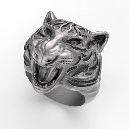 Sterling silver tiger ring with blackened details, handmade gothic biker jewelry for men. This bold 925 silver statement ring features a roaring wild cat head with oxidized textures and polished accents. Perfect as a mens ring, biker ring, or animal ring, it highlights individuality, strength, and fearless style. Crafted from solid silver with a unique oxidized silver patina, durable and stylish for daily wear or special occasions.