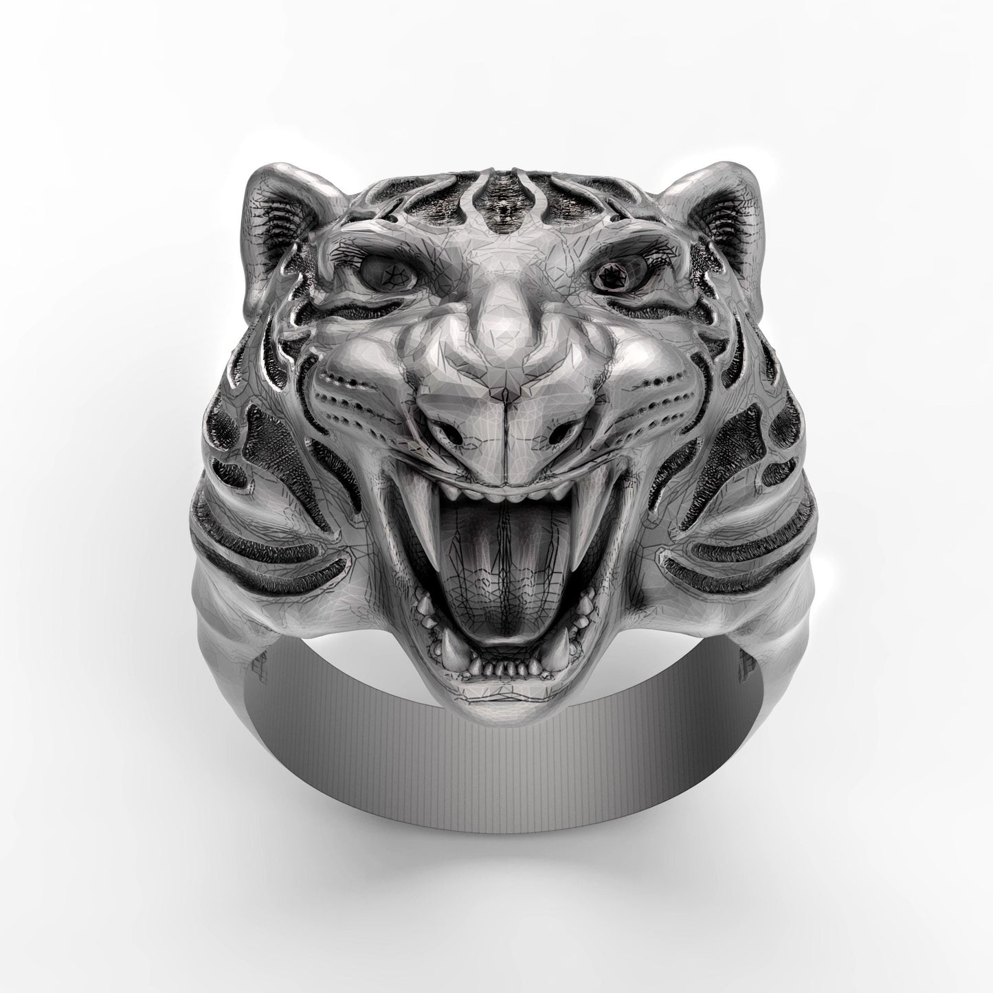 Sterling silver tiger ring with blackened details, handmade gothic biker jewelry for men. This bold 925 silver statement ring features a roaring wild cat head with oxidized textures and polished accents. Perfect as a mens ring, biker ring, or animal ring, it highlights individuality, strength, and fearless style. Crafted from solid silver with a unique oxidized silver patina, durable and stylish for daily wear or special occasions.