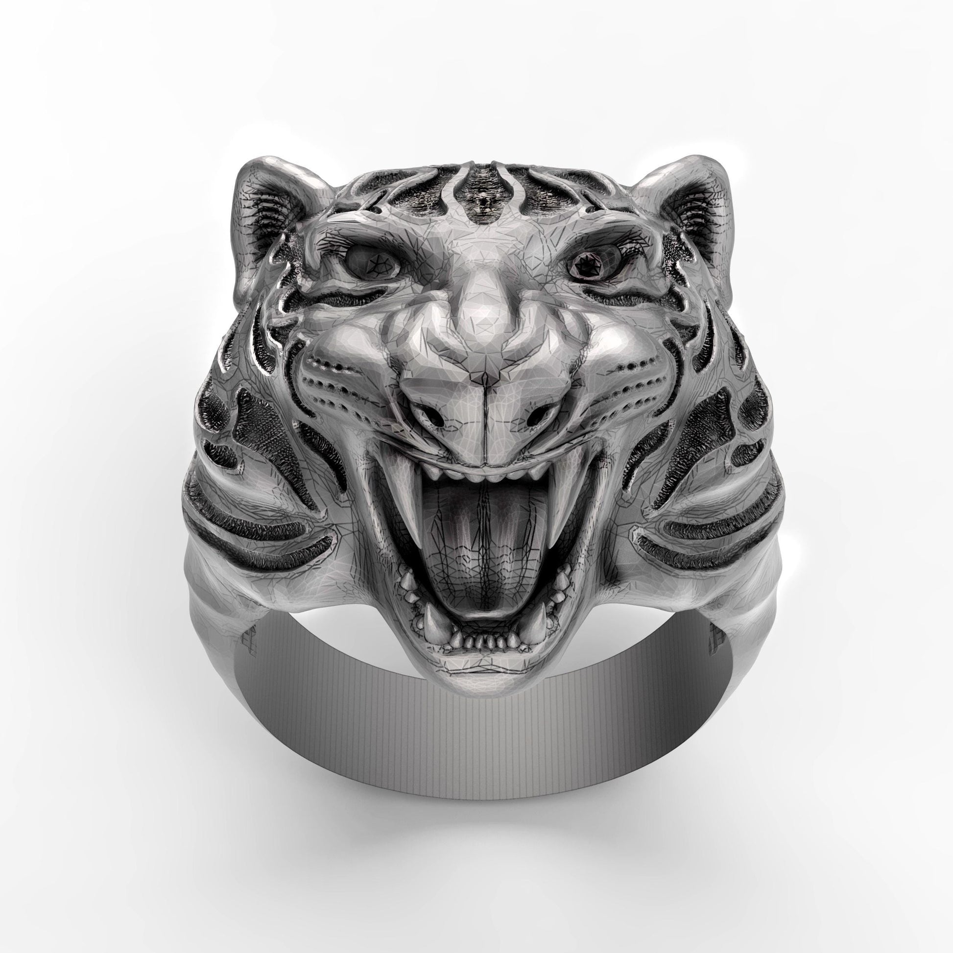 Sterling silver tiger ring with blackened details, handmade gothic biker jewelry for men. This bold 925 silver statement ring features a roaring wild cat head with oxidized textures and polished accents. Perfect as a mens ring, biker ring, or animal ring, it highlights individuality, strength, and fearless style. Crafted from solid silver with a unique oxidized silver patina, durable and stylish for daily wear or special occasions.