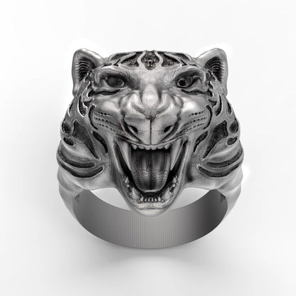 Sterling silver tiger ring with blackened details, handmade gothic biker jewelry for men. This bold 925 silver statement ring features a roaring wild cat head with oxidized textures and polished accents. Perfect as a mens ring, biker ring, or animal ring, it highlights individuality, strength, and fearless style. Crafted from solid silver with a unique oxidized silver patina, durable and stylish for daily wear or special occasions.
