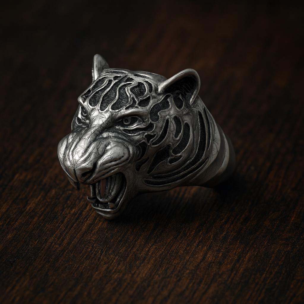 Sterling silver tiger ring with blackened details, handmade gothic biker jewelry for men. This bold 925 silver statement ring features a roaring wild cat head with oxidized textures and polished accents. Perfect as a mens ring, biker ring, or animal ring, it highlights individuality, strength, and fearless style. Crafted from solid silver with a unique oxidized silver patina, durable and stylish for daily wear or special occasions.