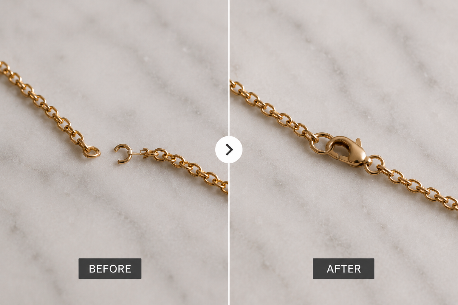 Before and after chain repair by INDIGO Jewelry showing a broken gold chain clasp restored and securely reattached. Professional jewelry repair service with precise soldering, reinforcement and polishing. Mail-in jewelry repair with tracked shipping, careful handling and high-quality restoration of damaged necklaces and chains.