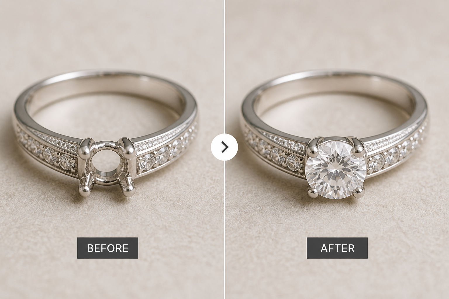 Before and after jewelry repair by INDIGO Jewelry showing a silver ring with a missing stone restored to its original condition. Professional stone replacement service with precise setting, polishing and finishing. Jewelry repair by mail service in Europe with secure shipping, experienced jeweler craftsmanship and high-quality restoration of damaged rings.