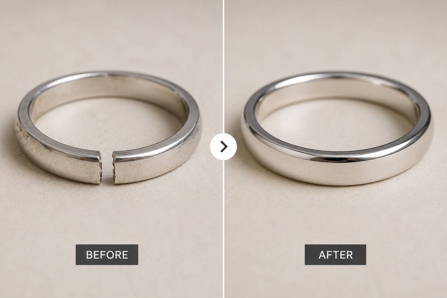 Before and after ring repair by INDIGO Jewelry showing a cracked silver ring band professionally restored and polished to a like-new finish. Expert jewelry repair service including soldering, refinishing and structural restoration. Jewelry repair by mail with secure handling, skilled craftsmanship and detailed finishing for damaged rings.