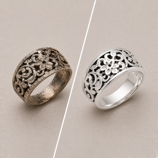 Before and after jewelry renovation by INDIGO Jewelry — worn sterling silver ring professionally cleaned, polished and restored to a renewed, like-new appearance. Mail-in jewelry polishing and restoration service for silver and gold jewelry.