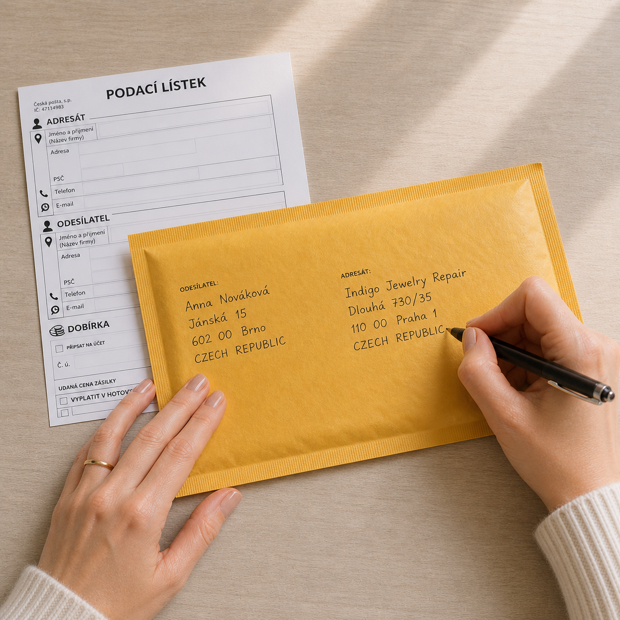Customer writing shipping address on a yellow padded envelope with a Czech postal form underneath, preparing jewelry for INDIGO Jewelry repair service. This step shows how to safely send jewelry by mail using tracked shipping as part of the jewelry repair by mail process.