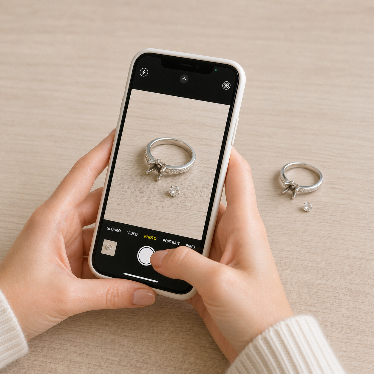 Customer taking a close-up photo of a damaged silver ring with missing stone using a smartphone for INDIGO Jewelry repair service. This image shows the first step of jewelry repair by mail process, where the customer submits photos for free assessment before sending the item for professional restoration.