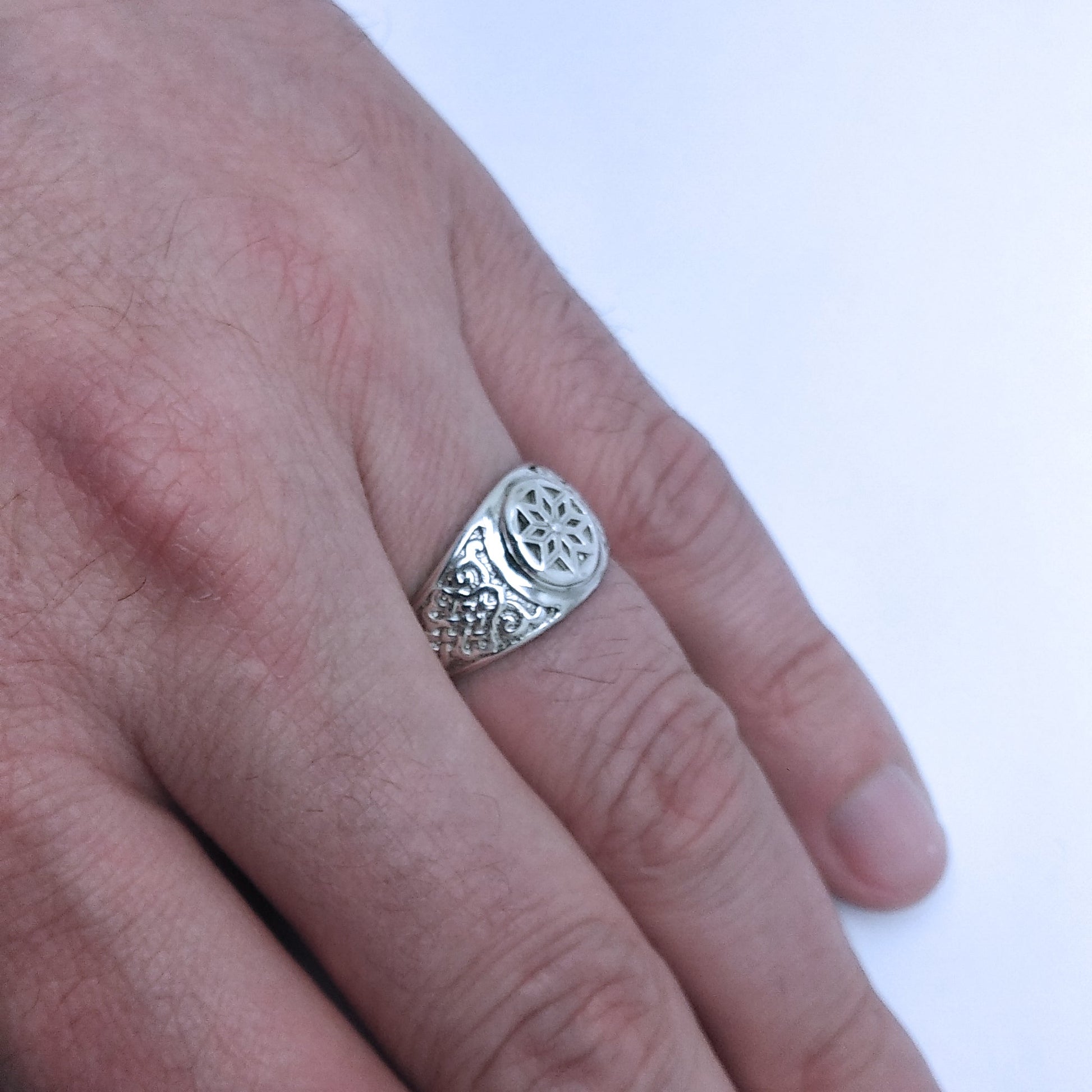 Alatyr Slavic amulet signet ring worn on hand by INDIGO Jewelry Atelier