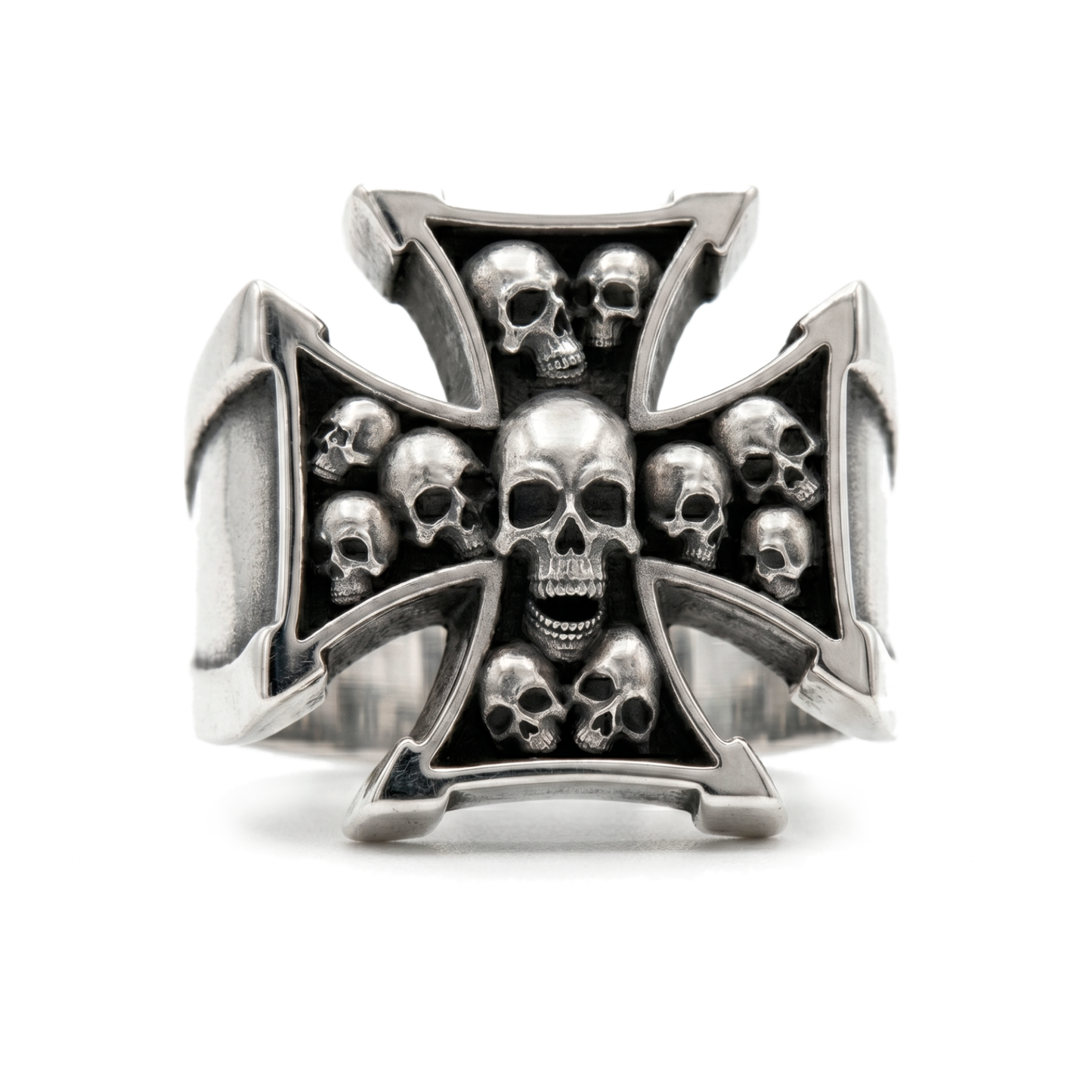 Maltese cross skull signet ring in sterling silver by INDIGO Jewelry Atelier