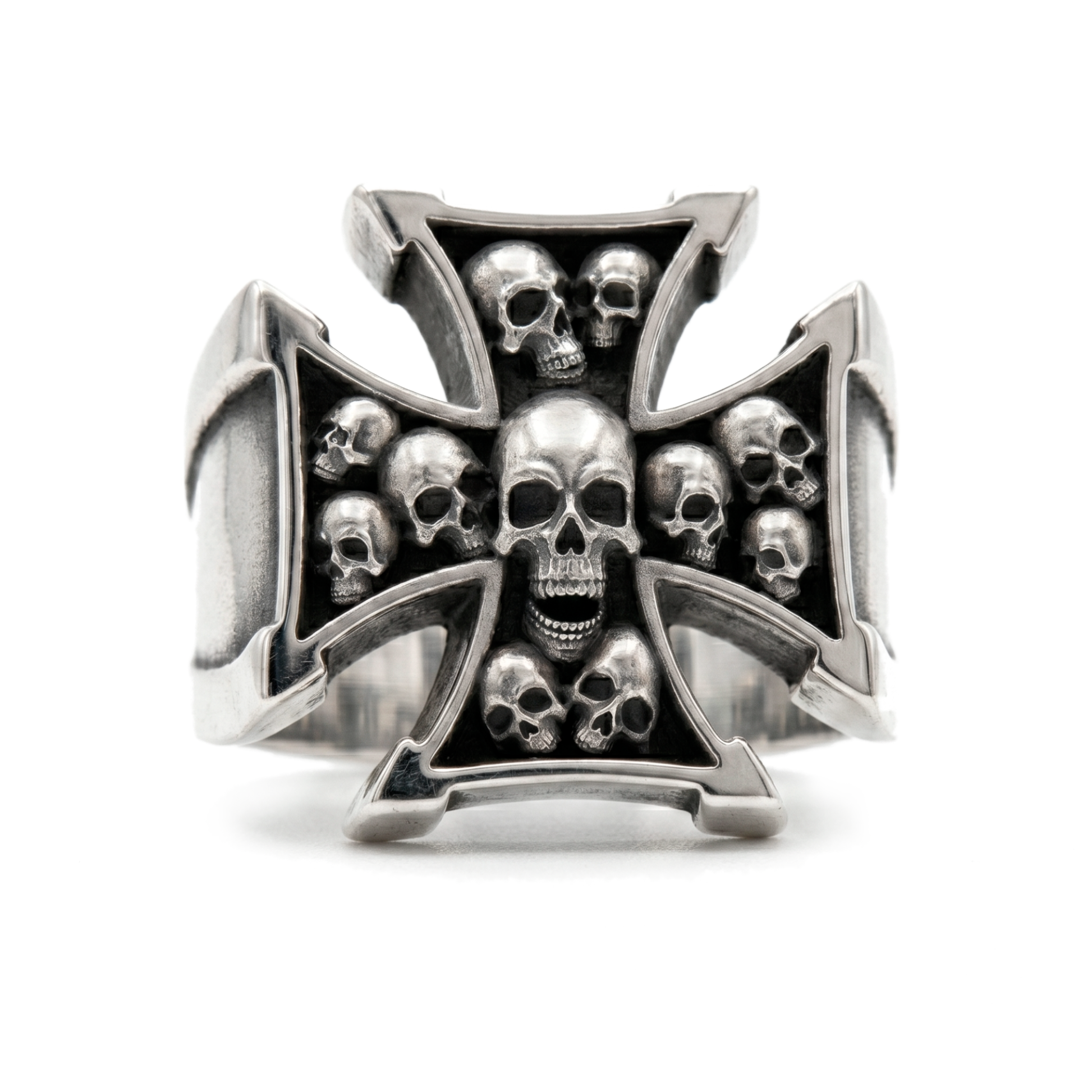 Maltese cross skull signet ring in sterling silver by INDIGO Jewelry Atelier