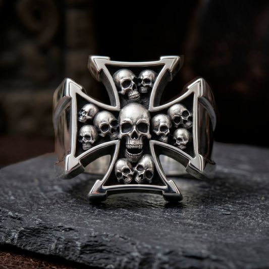 Gothic skull signet ring with Maltese cross in sterling silver by INDIGO Jewelry Atelier