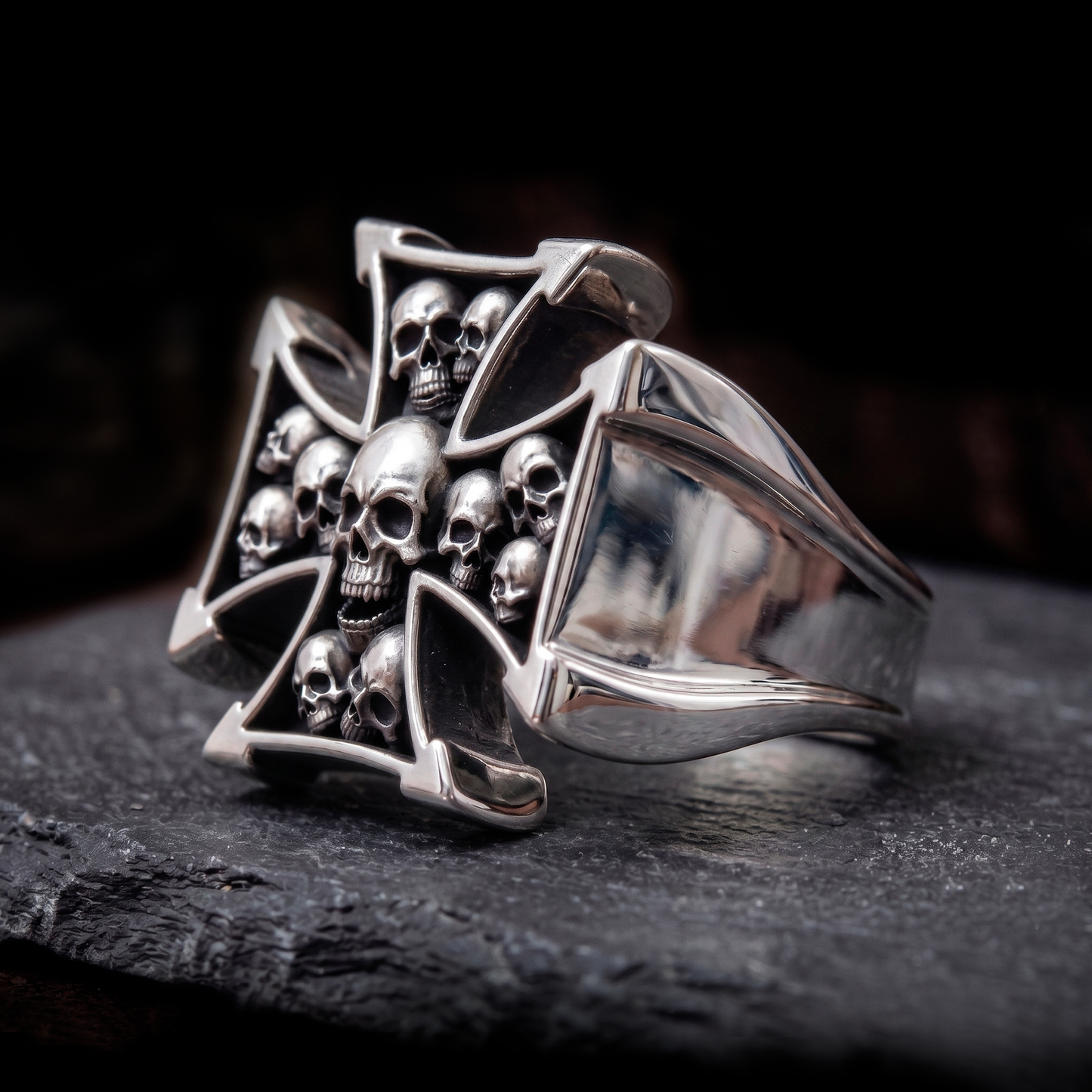 Mens Maltese cross skull ring in blackened sterling silver by INDIGO Jewelry Atelier