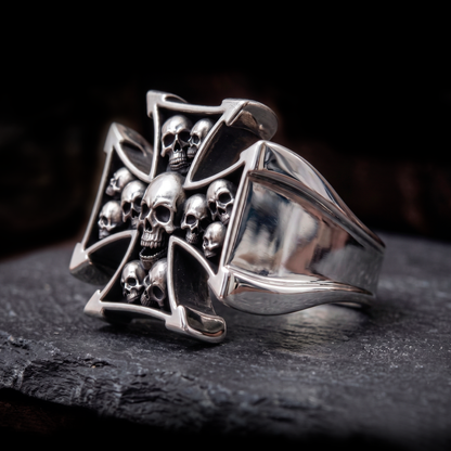 Mens Maltese cross skull ring in blackened sterling silver by INDIGO Jewelry Atelier