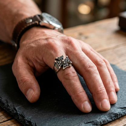 Maltese cross skull biker ring worn on hand by INDIGO Jewelry Atelier