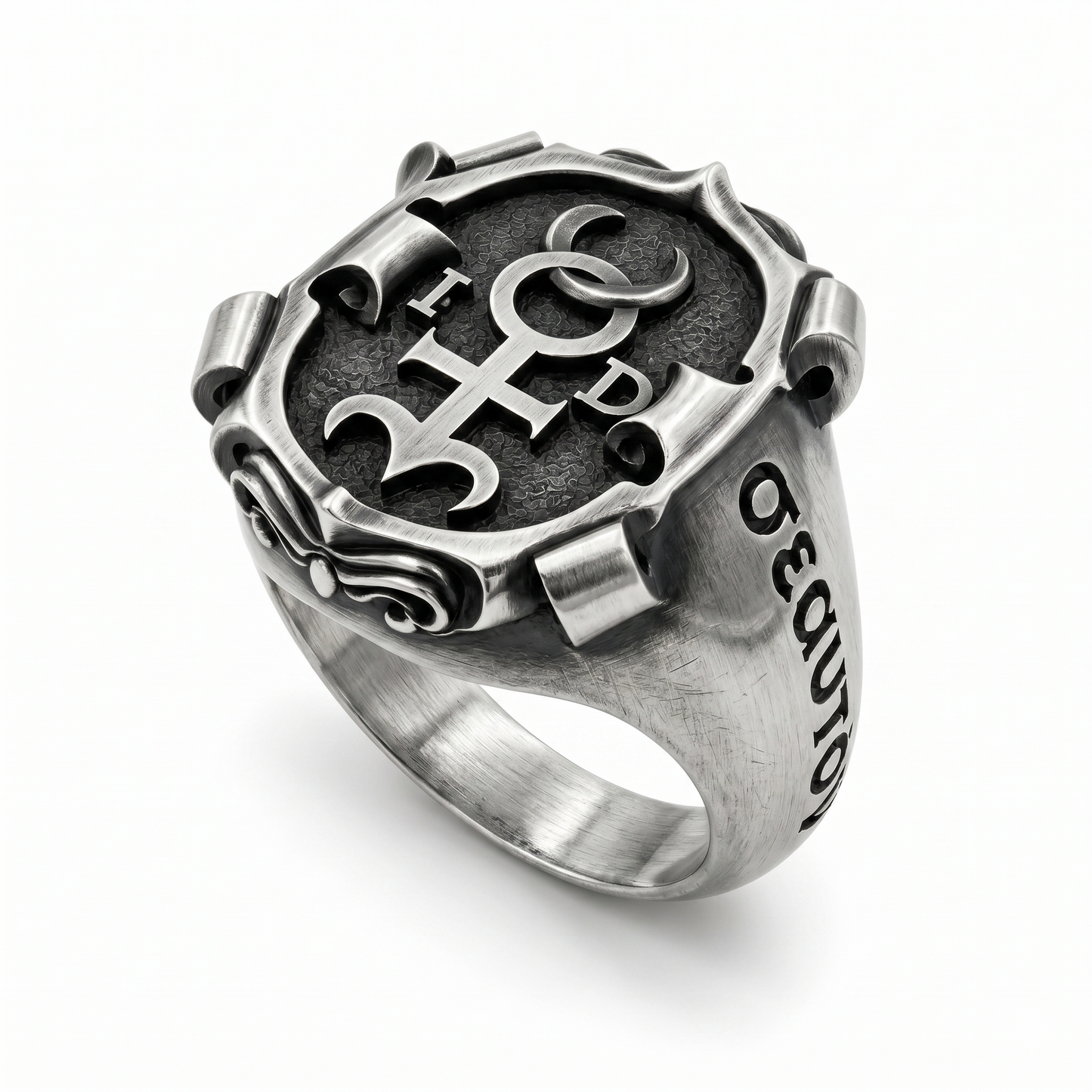 Sterling silver Monas Hieroglyphica signet ring with hermetic esoteric symbol, oxidized finish, men's occult jewelry