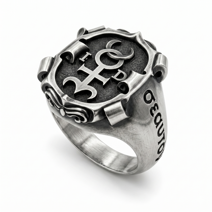 Sterling silver Monas Hieroglyphica signet ring with hermetic esoteric symbol, oxidized finish, men's occult jewelry