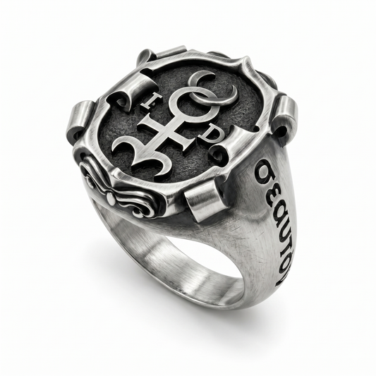 Sterling silver Monas Hieroglyphica signet ring with hermetic esoteric symbol, oxidized finish, men's occult jewelry