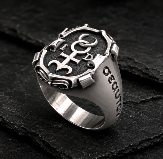 Handcrafted Monas Hieroglyphica signet ring in blackened sterling silver with polished accents on dark slate background by INDIGO Jewelry