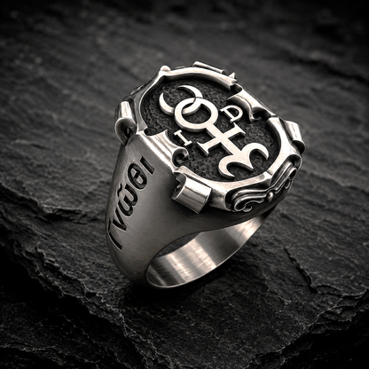 Oxidized silver Monas Hieroglyphica signet ring featuring engraved Greek inscription and polished symbolic details