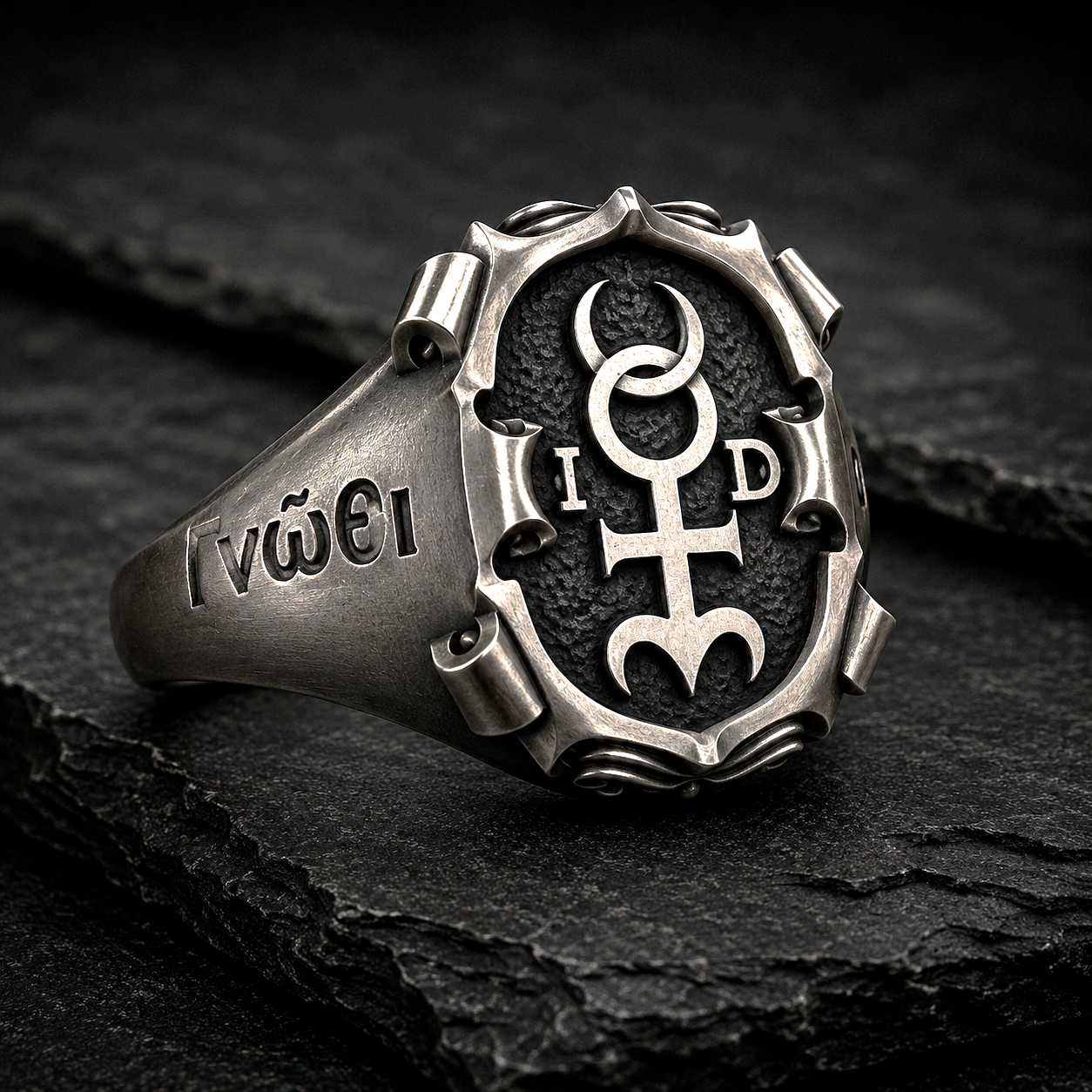 Monas Hieroglyphica symbolic signet ring in sterling silver with blackened texture and polished handcrafted finish