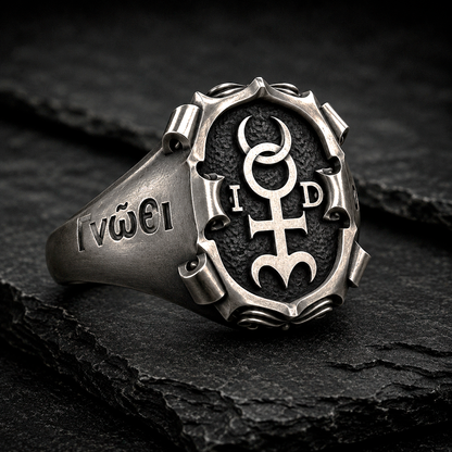Monas Hieroglyphica symbolic signet ring in sterling silver with blackened texture and polished handcrafted finish