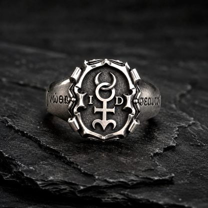 Men’s Monas Hieroglyphica signet ring in oxidized sterling silver worn on hand with polished Hermetic symbol details