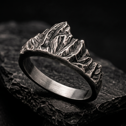 Sterling silver mountain ring by INDIGO Jewelry Atelier, Mont Blanc inspired alpine landscape band side view