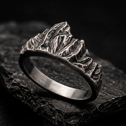 Sterling silver mountain ring by INDIGO Jewelry Atelier, Mont Blanc inspired alpine landscape band side view