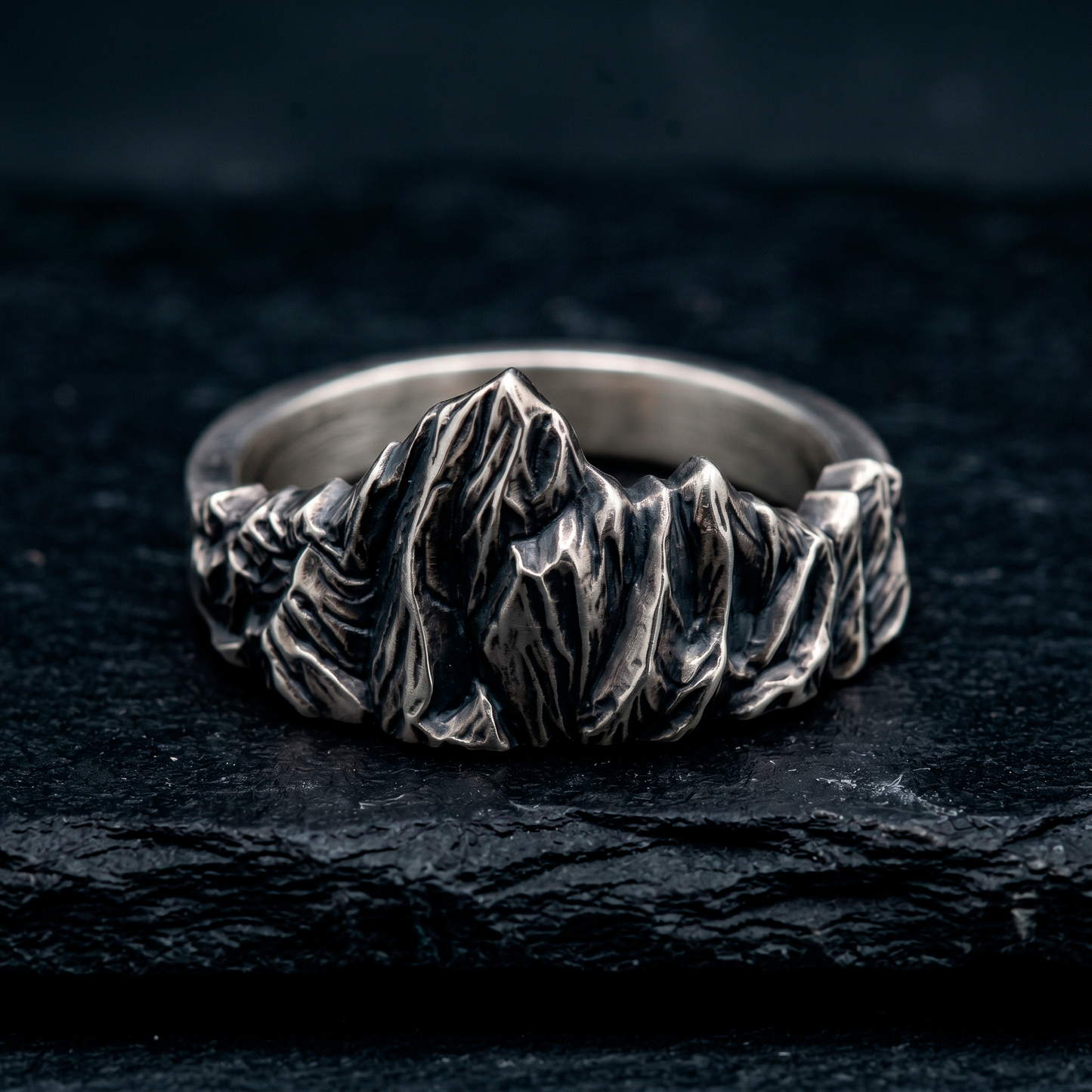 Mont Blanc inspired mountain signet ring by INDIGO Jewelry Atelier, detailed alpine texture in sterling silver