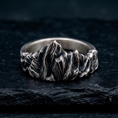 Mont Blanc inspired mountain signet ring by INDIGO Jewelry Atelier, detailed alpine texture in sterling silver