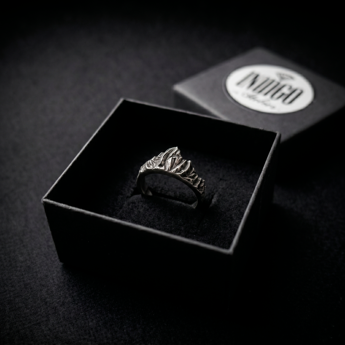 Sterling silver mountain ring by INDIGO Jewelry Atelier, Mont Blanc inspired alpine landscape. Band ring in a gift box.