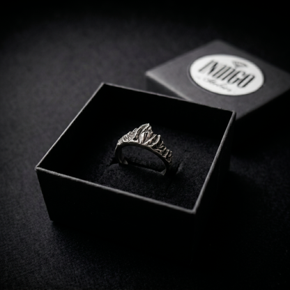 Sterling silver mountain ring by INDIGO Jewelry Atelier, Mont Blanc inspired alpine landscape. Band ring in a gift box.