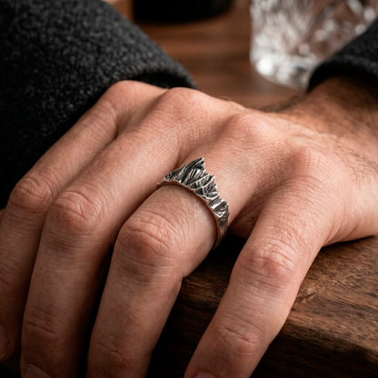 Mont Blanc inspired sterling silver mountain ring by INDIGO Jewelry Atelier worn on hand, handmade alpine jewelry