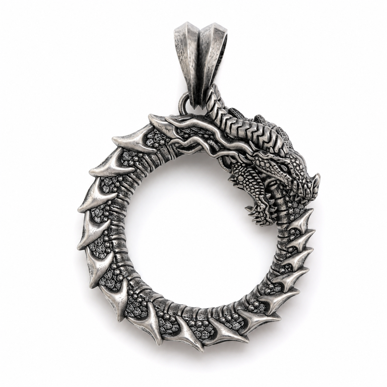 Handcrafted Ouroboros dragon pendant in oxidized sterling silver 925 by INDIGO Jewelry. Detailed dragon necklace inspired by ancient mythology, photographed on a clean white background. Symbolic silver pendant representing eternity and transformation.