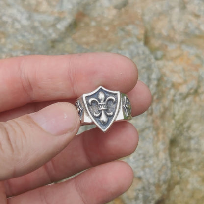 Heraldic Lily Fleur-de-lis Shield, Heavy Sterling Silver Signet Ring