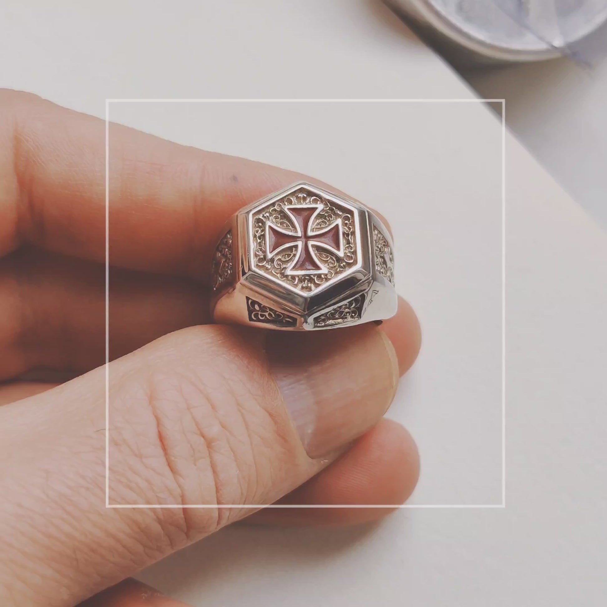 Knights Templar Ring, The Order of Solomon Temple Signet with Cross Red Enamel