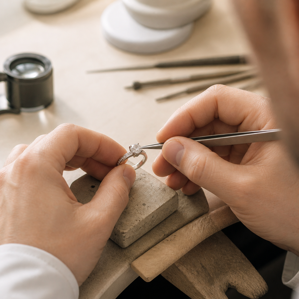 Professional jeweler carefully repairing a silver ring using precision tools in workshop at INDIGO Jewelry. This image represents the final step of jewelry repair by mail service, where damaged jewelry is restored by an experienced craftsman before being returned to the customer.