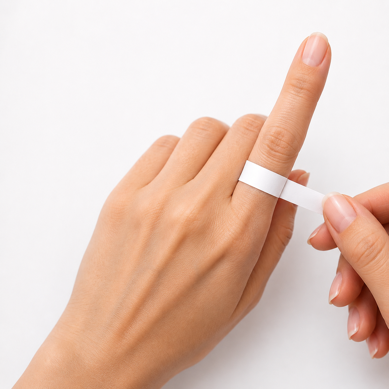 Step 1 of ring size guide by INDIGO Jewelry Atelier: wrapping a thin strip of paper around the base of the finger to measure ring size at home.