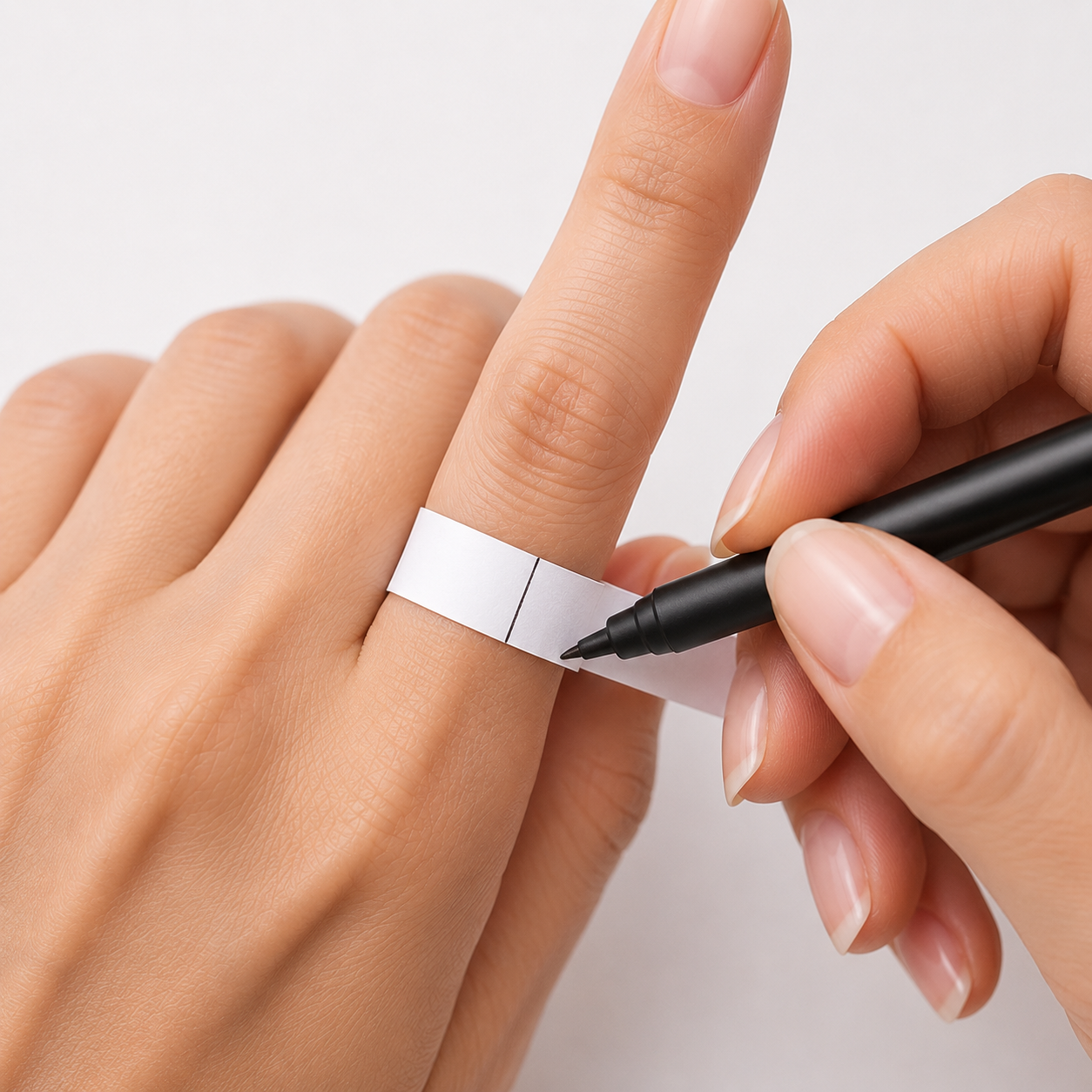 Step 2 of ring size guide by INDIGO Jewelry Atelier: marking the overlap point on a paper strip to measure finger size accurately at home.