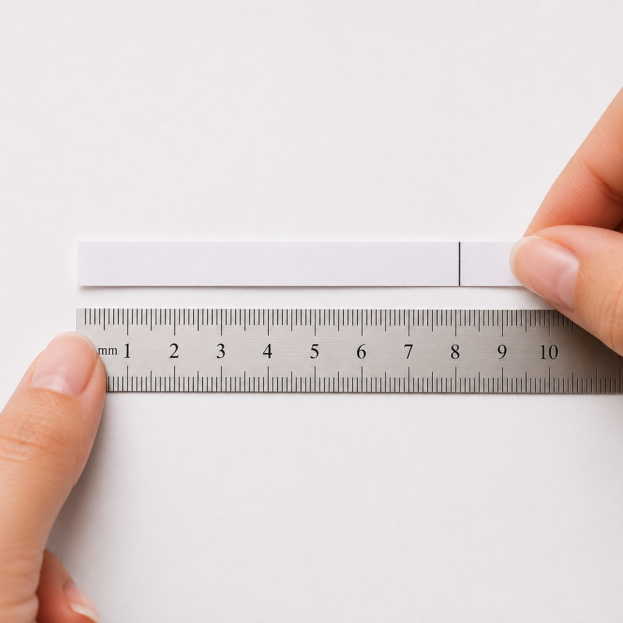 Step 3 of ring size guide by INDIGO Jewelry Atelier: measuring the marked paper strip in millimeters with a ruler and comparing it with a ring size chart.