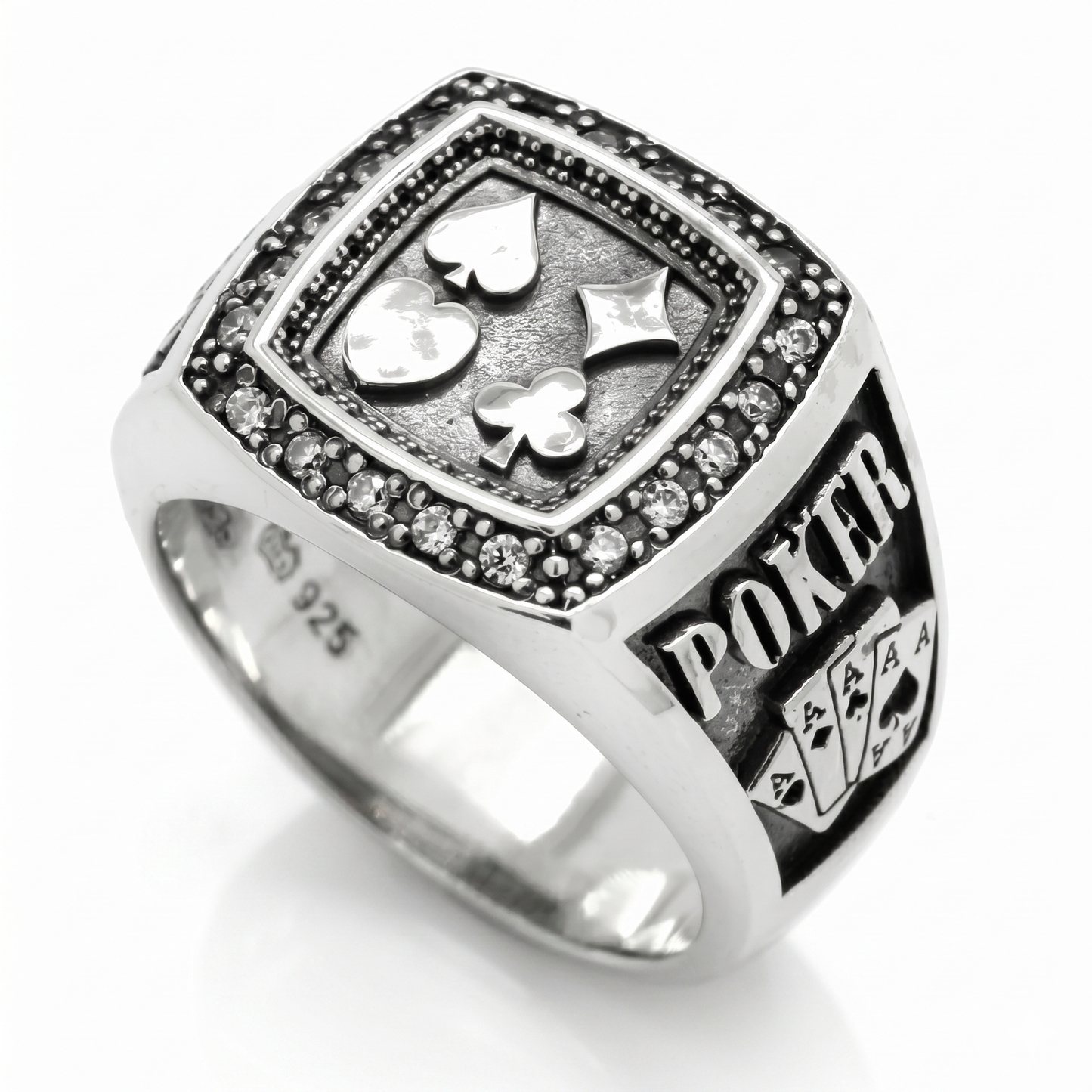 Men's sterling silver poker signet ring showcasing four card suits and embedded stones on a premium black background by Indigo Jewelry.