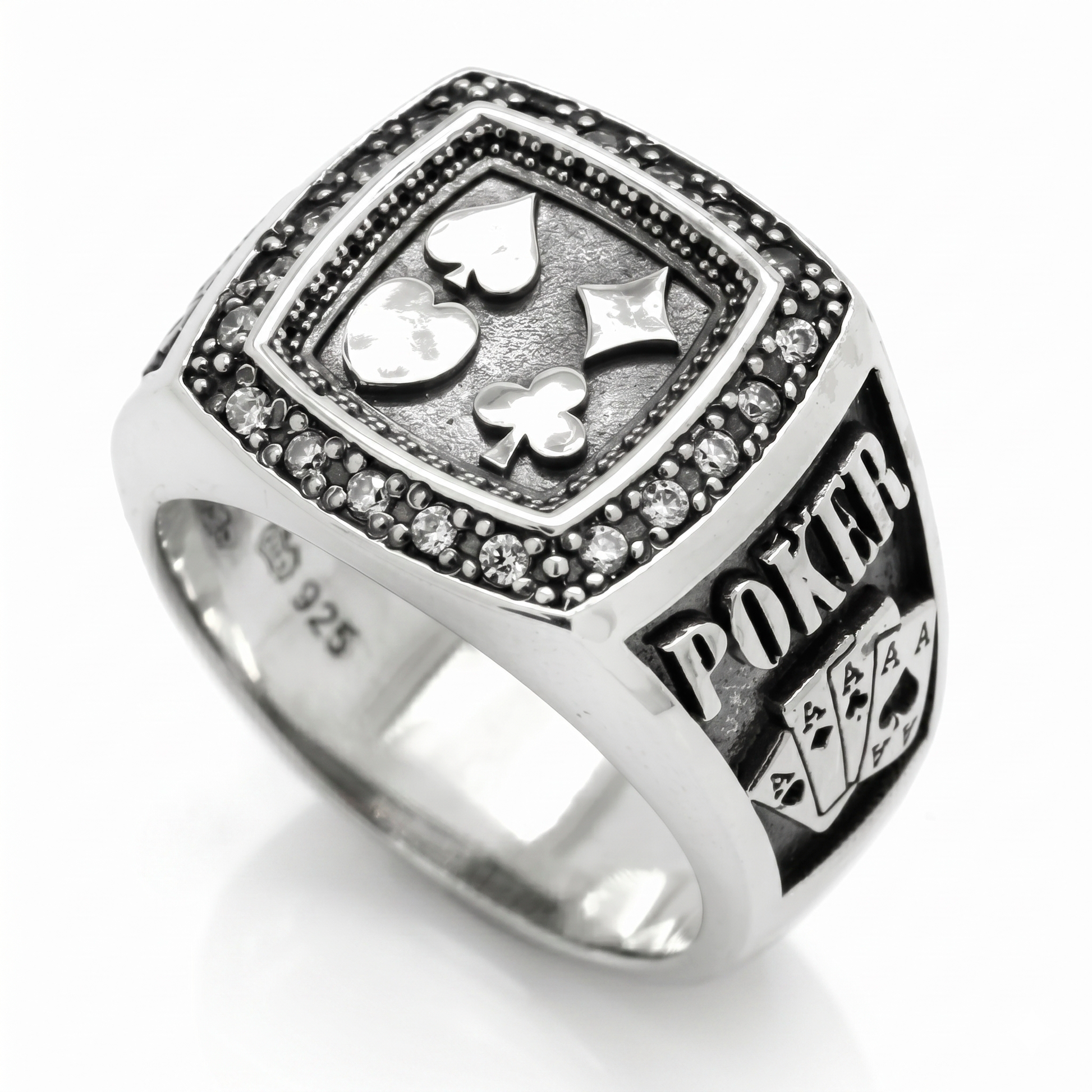 Men's sterling silver poker signet ring showcasing four card suits and embedded stones on a premium black background by Indigo Jewelry.