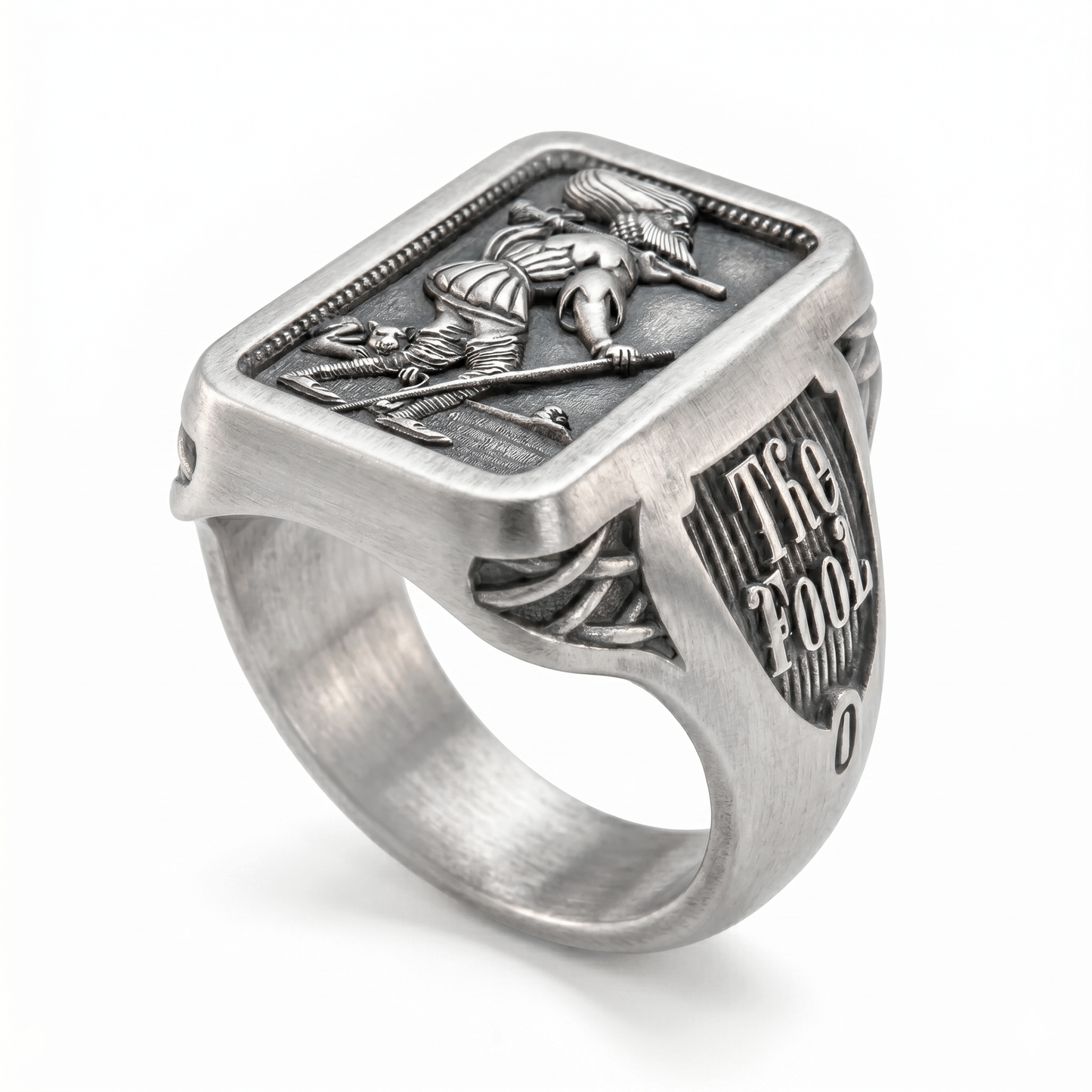 The Fool Tarot signet ring in sterling silver by INDIGO Jewelry Atelier, Marseille Tarot Major Arcana No. 0, detailed front view